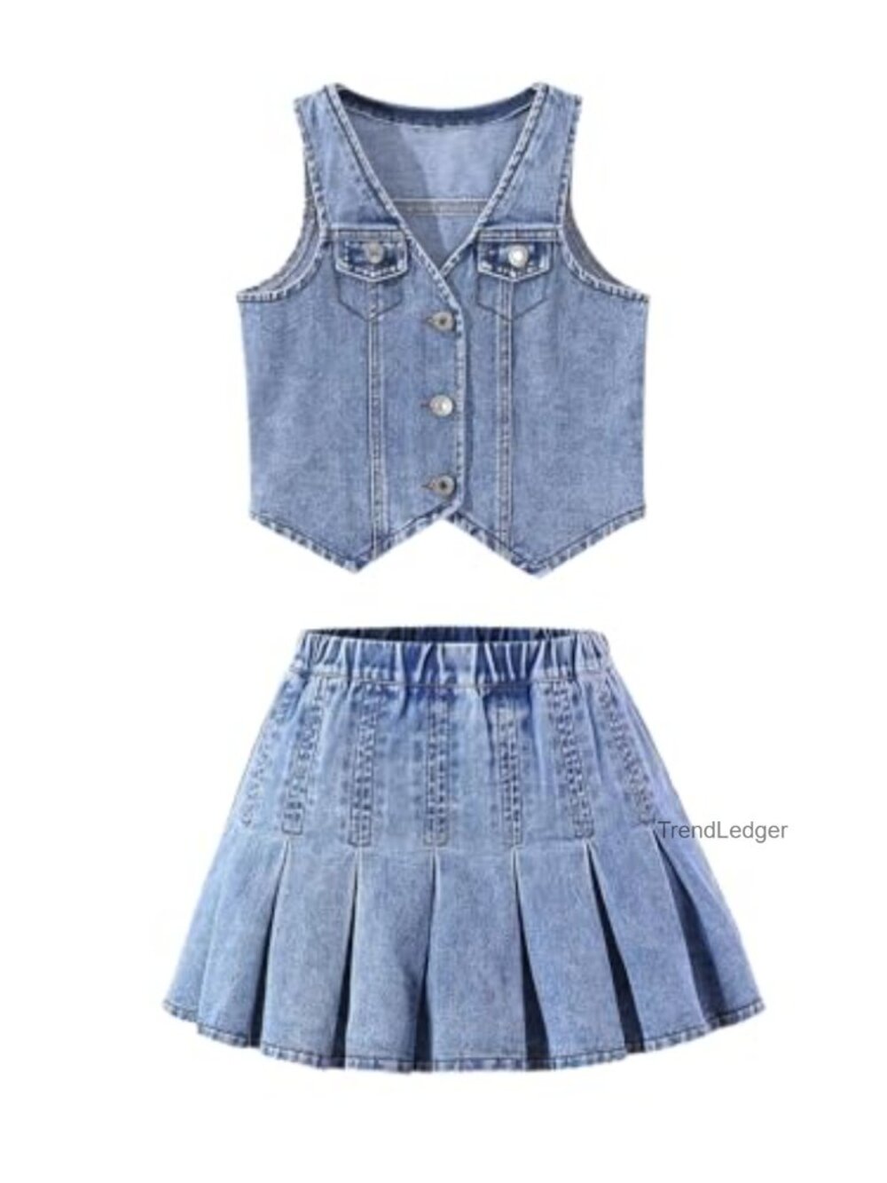 Girls 2 Piece Denim Vest and Pleated Mini Skirt Set Y2K Preppy Outfit